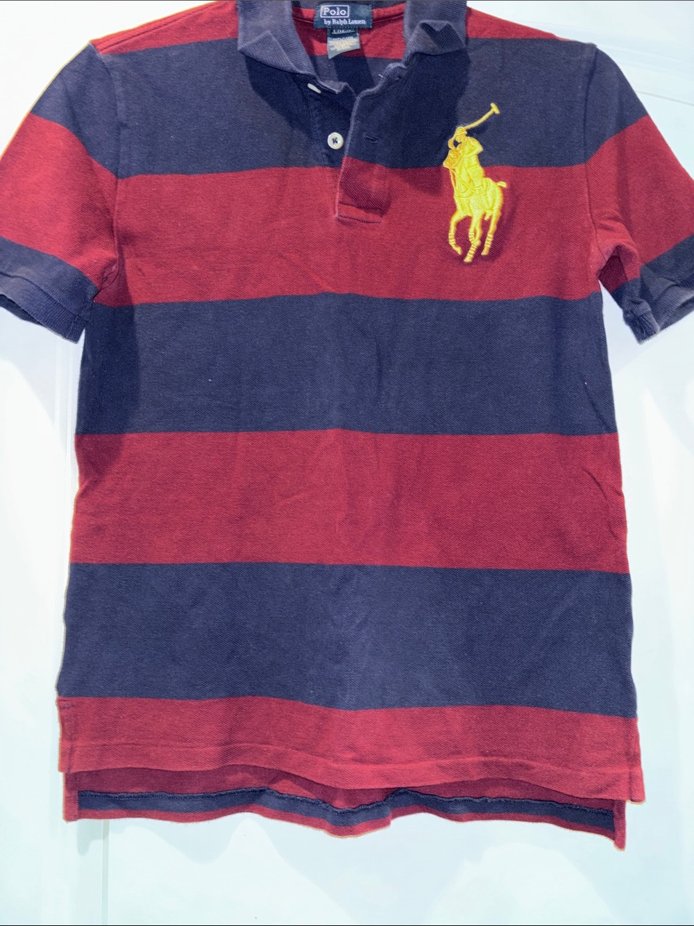 Polo by Ralph Lauren Navy & Burgundy Wide-Stripe Polo with Yellow Logo - Picture 3 of 4